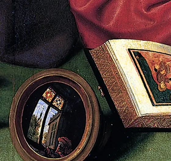 A convex mirror on a moneylender's table