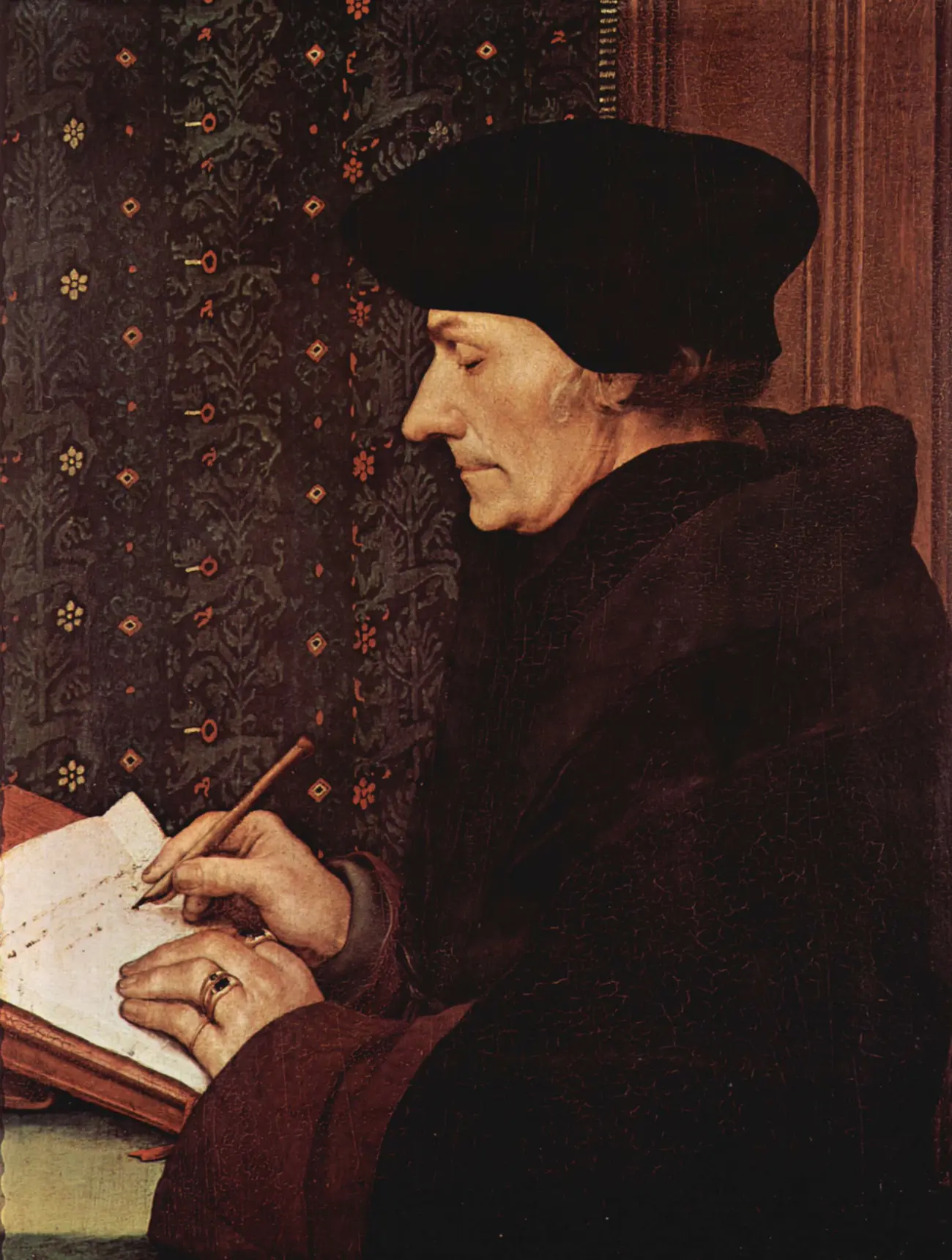 Hans Holbein the Younger, Erasmus of Rotterdam, 1523: the scholar writes at his desk.